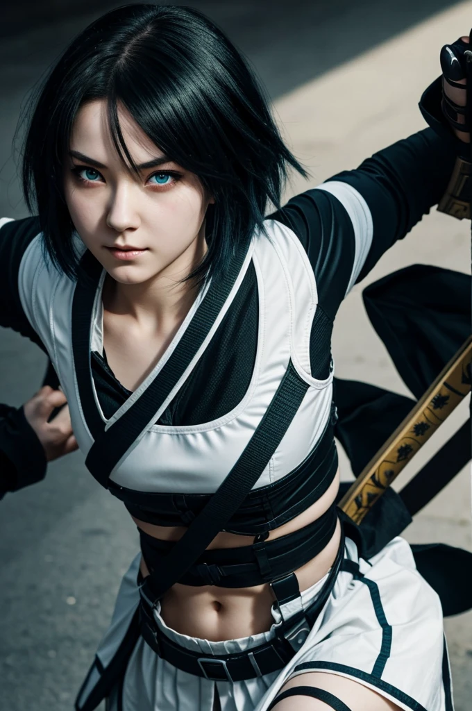 Alice is a girl with white skin, her right eye is blue and the left eye is green, her hair is black and short and she carries two katanas with her and is wearing a black fighting suit.