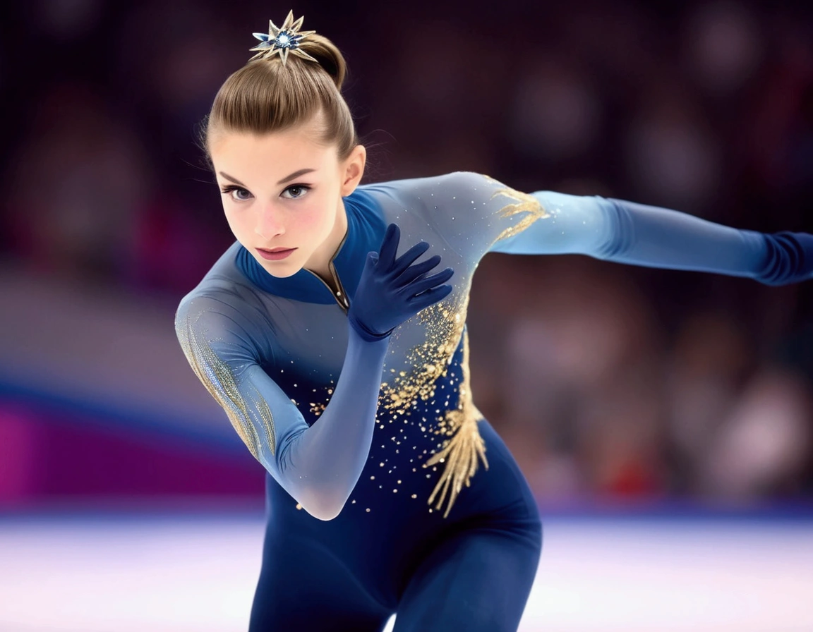 Olympic figure skater (18 years old, hair up tight, ice skates, small blue and gold outfit Olympic insignia), skating in a packed arena