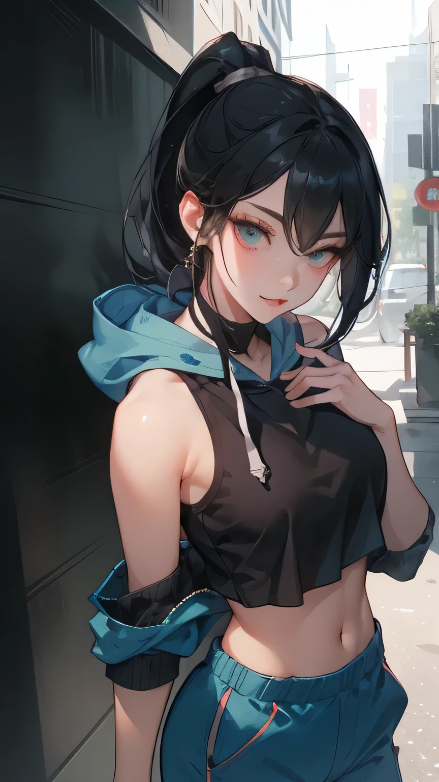 Kitana from Mortal Kombat 1, Make her face Arknights style looks like face, sharp slanted eyes, tounge out,tounge,Ponytail dark hair, shoulder long hair,the outfit are dark blue street wear colour,crop top oversized hoodie + cargo shortpants street wear, holding chinese traditional fan and blade, 1girl