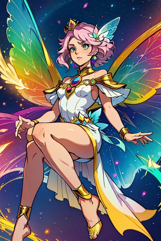 woman full body image, shorth hair, celestial rainbow powers to control the colors and star symbols of rainbow colored hair and white clothes and colored crystals on the body, a fairy, you see a pair of golden fairy wings and a crown of butterflies clothes with lots of feathers