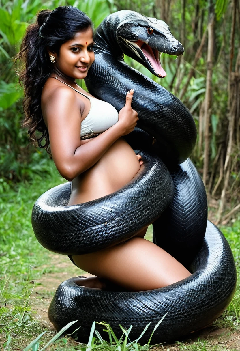 Pregnant Happy Horny, aroused 1girl), beautiful kneeling Indian  young teen girl with  giant colossal black titanboa squeezing her hard, wrapped in thick spiraling coils, constricted, struggle, gasping for air, snake attack, snake peril, moonless night, dim light