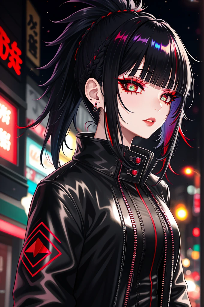 Black and red mesh hair、Goth_punk, One Girl, solo, Medium Shot, Walking around Harajuku, ((at night)), Bokeh Depth of Field, Neon Light, Rainbow Eyes, Starry Sky, Shiny white hair, White eyebrows, Shiny Hair, (Iridescent white hair), Earrings, Bans, gem, mask, Blunt bangs, Veld's Eye, 口mask, Blurred背景, Blurred, hair ornaments, Look at the viewers, short hair, Portraiture, Side Lock