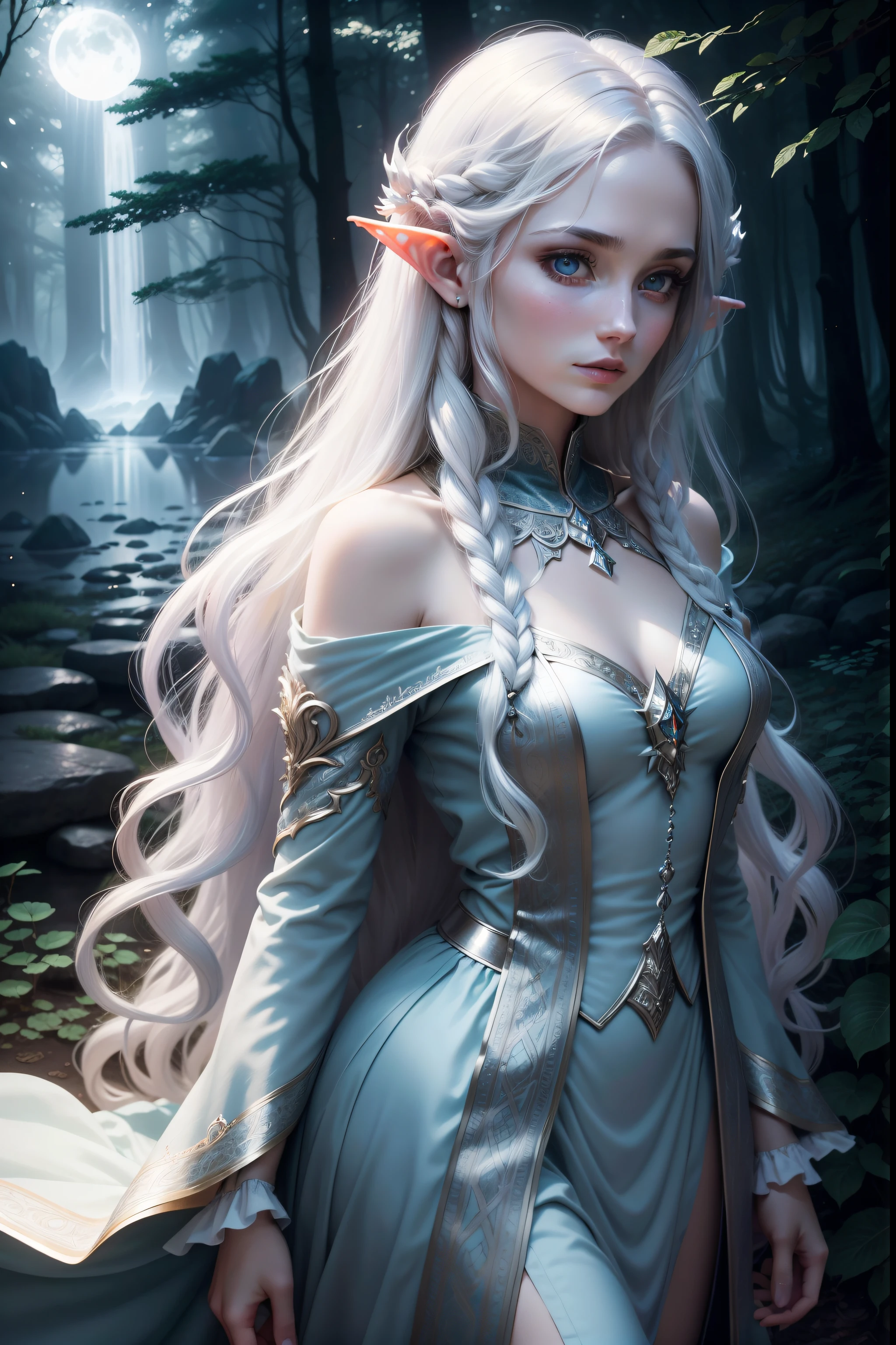 Elven female, rays of moonlight, Silvertone, dream magical, crystal, As estrelas, magia, ln the forest, Quiet, mistic, long whitr hair, the night, an enchanted forest, wonderland, ellegance，high-definition picture quality，The facial features are smooth and delicate and straight