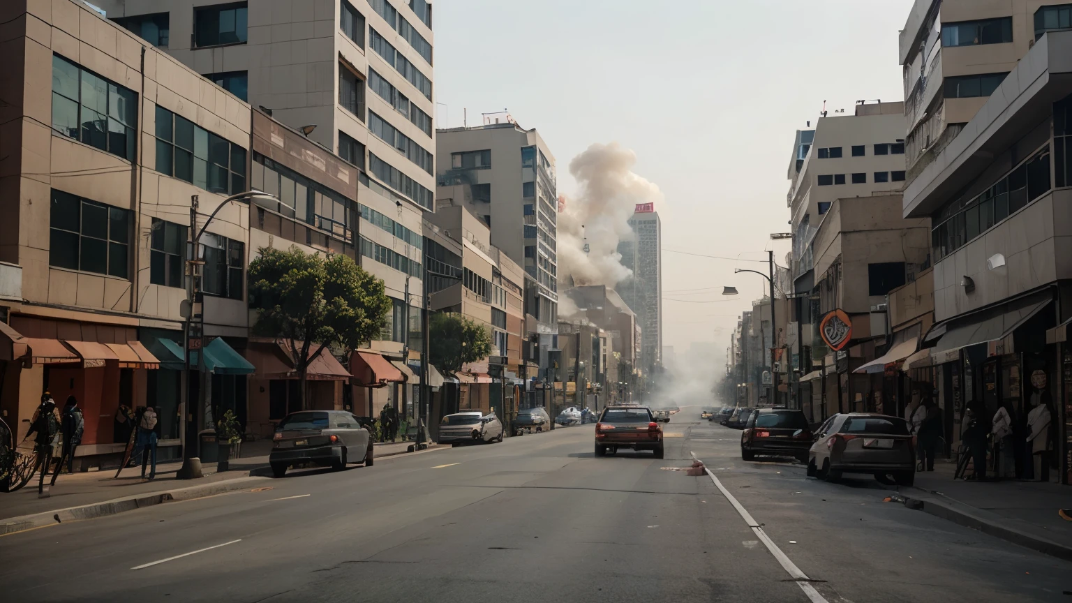 A modern American city, smoke bụi, polluted, smoke, fire, vehicles were destroyed