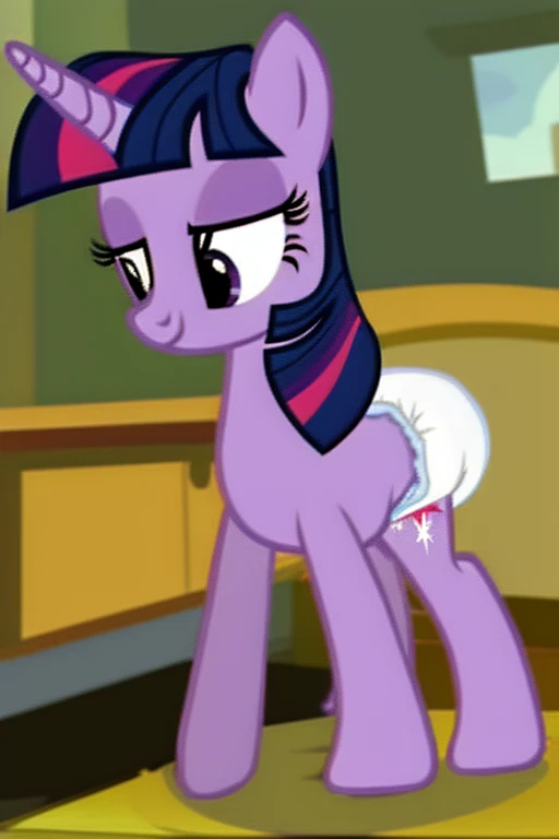 Twilight Sparkle, female pony, evil smug 
grin, ponytail, naked, big udders, wet pussy, a whole lot of pussy juice coming From her pussy, full body, Standing, inside the living room 