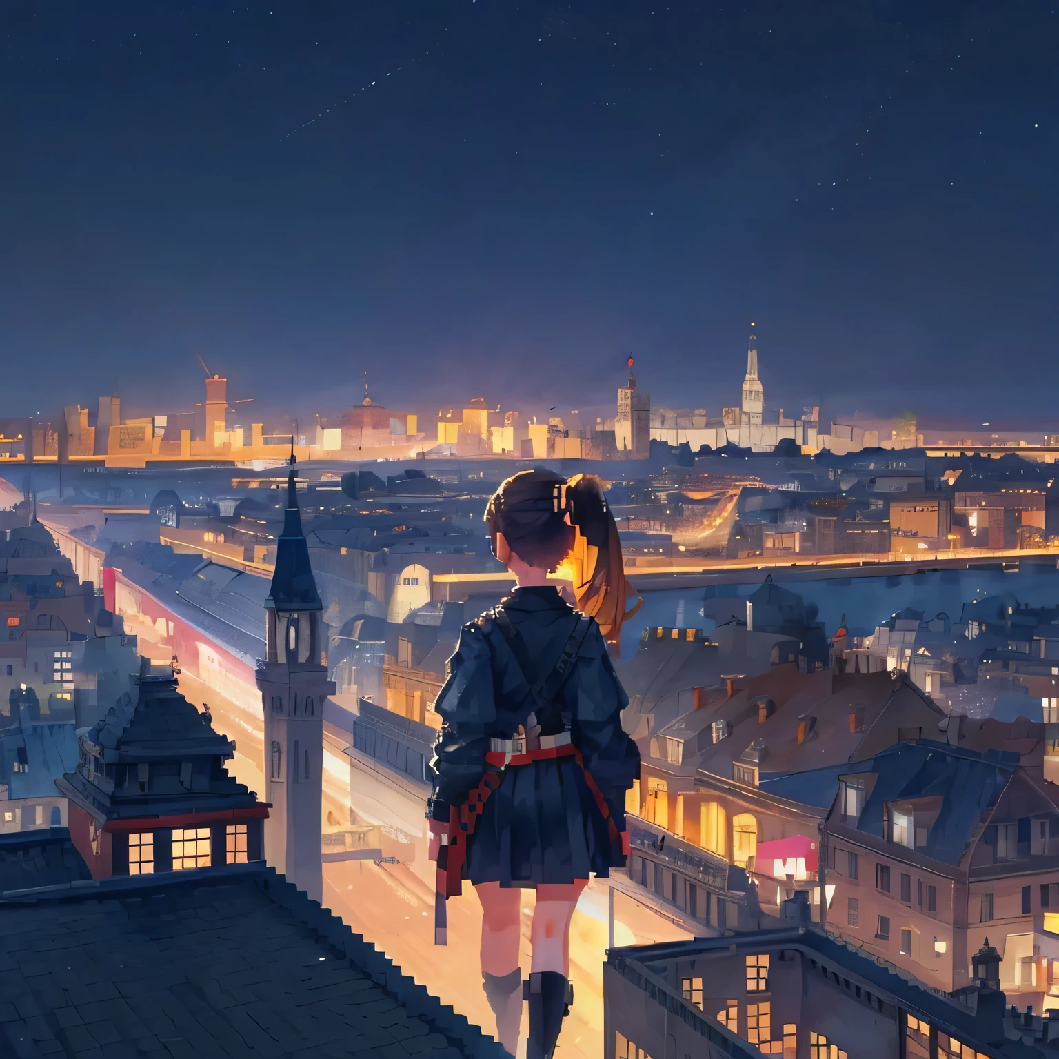 Pixel art Big view of city landscape at night with a tiny detail there is one dark hair ponytail girl looking the city from above, shot from behind, make the girl really small size compared to ths landscape