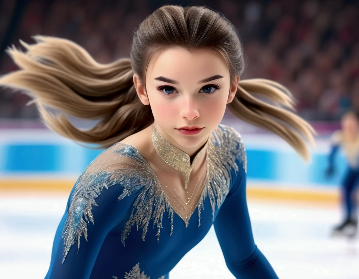 a beautiful young olympic figure skater (18 years old), long hair tied up tight, wearing a small blue and gold outfit with olympic insignia, skating gracefully on the ice in a packed arena, (best quality,4k,8k,highres,masterpiece:1.2),ultra-detailed,(realistic,photorealistic,photo-realistic:1.37),intricate details,extreme detail description,professional,vivid colors,studio lighting,sharp focus,physically-based rendering,detailed ice rink,thousands of cheering spectators,dramatic lighting,winter olympics