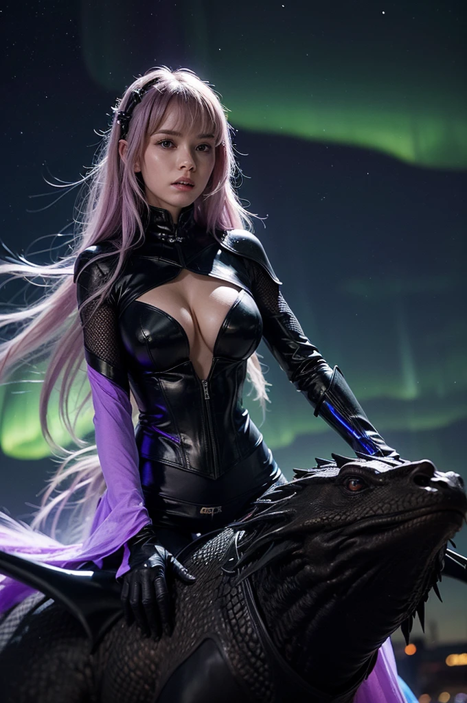 (Woman, riding a dragon with three purple heads with only lightning in its mouth, covered in black armor all over the body, glued to the skin, very big chest) (in a city at night raining, starry sky, with a northern lights)