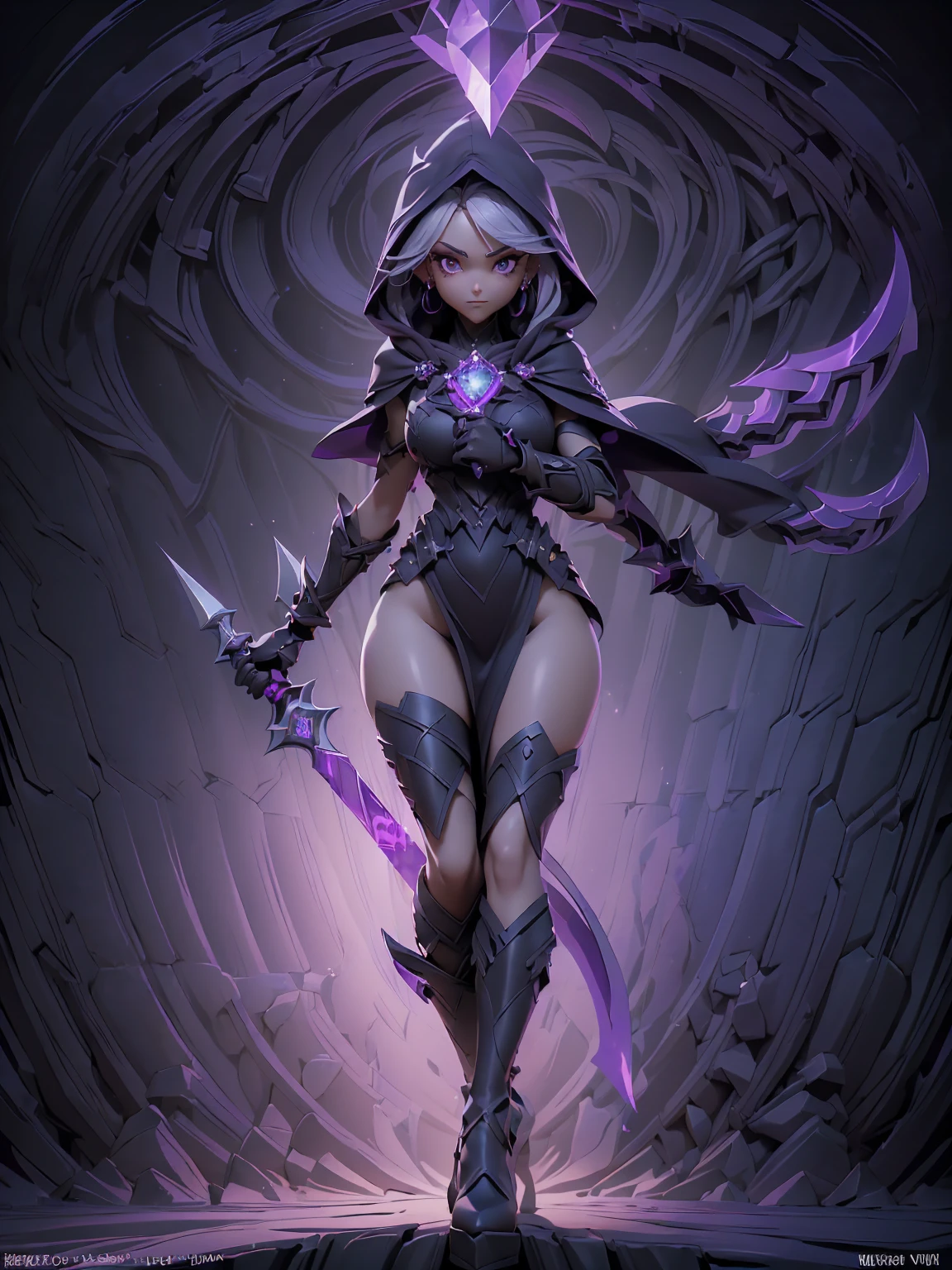 Design a layout showcase Gaming character, (1girl). Purple+Black attire, mysterious and enchanting, ((showcase weapon:1.4)), crystal ball, (masterpiece:1.2), (best quality), 4k, ultra-detailed, (Step by step design, layout art:1.5), (moody lighting, magical lighting), sorceress, ((hooded cloak)), (((long gloves:1.3))), flowing dress, high heels, (((full_body_shot:1.4)))