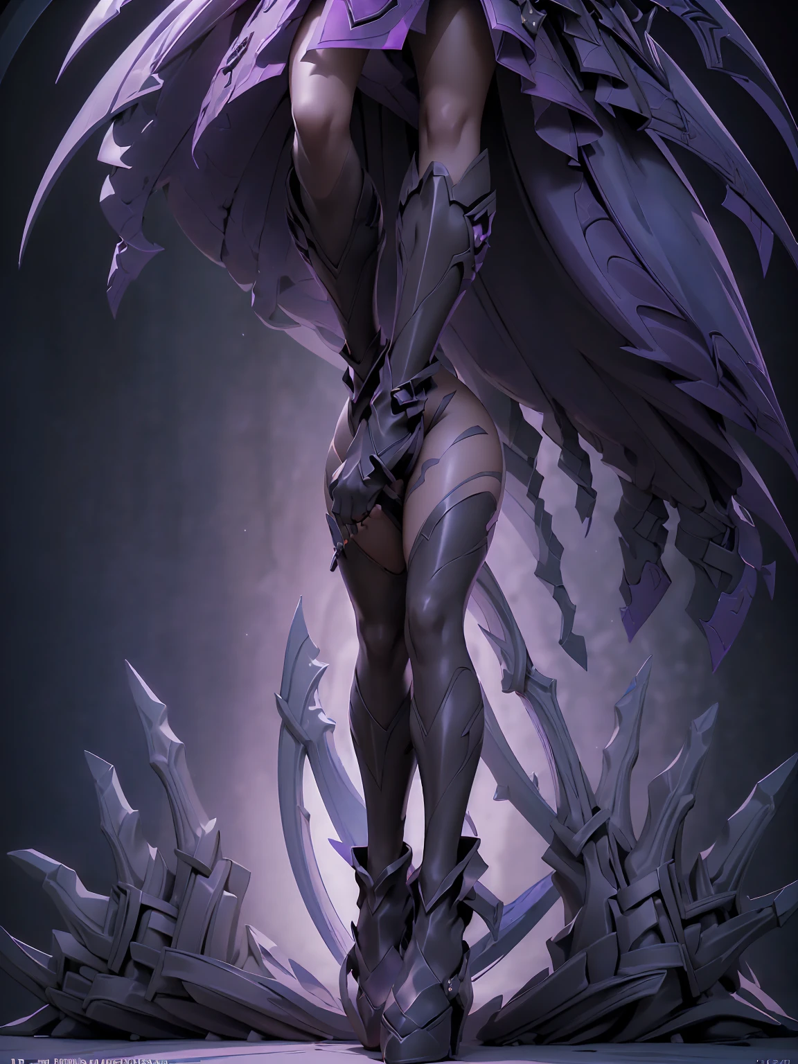 Design a layout showcase Gaming character, (1girl). Purple+Black attire, mysterious and enchanting, ((showcase weapon:1.4)), crystal ball, (masterpiece:1.2), (best quality), 4k, ultra-detailed, (Step by step design, layout art:1.5), (moody lighting, magical lighting), sorceress, ((hooded cloak)), (((long gloves:1.3))), flowing dress, high heels, (((full_body_shot:1.4)))
