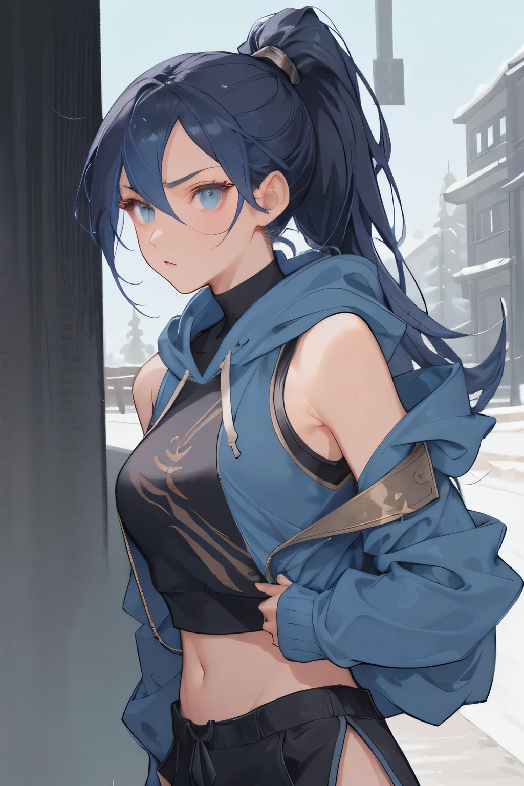 Kitana from Mortal Kombat 1, Make her face Arknights style looks like face, sharp slanted eyes, tounge out,tounge,Ponytail dark hair, shoulder long hair,the outfit are dark blue street wear colour,crop top oversized hoodie + cargo shortpants street wear, holding chinese traditional fan and blade, 1girl, soft blue one colour background