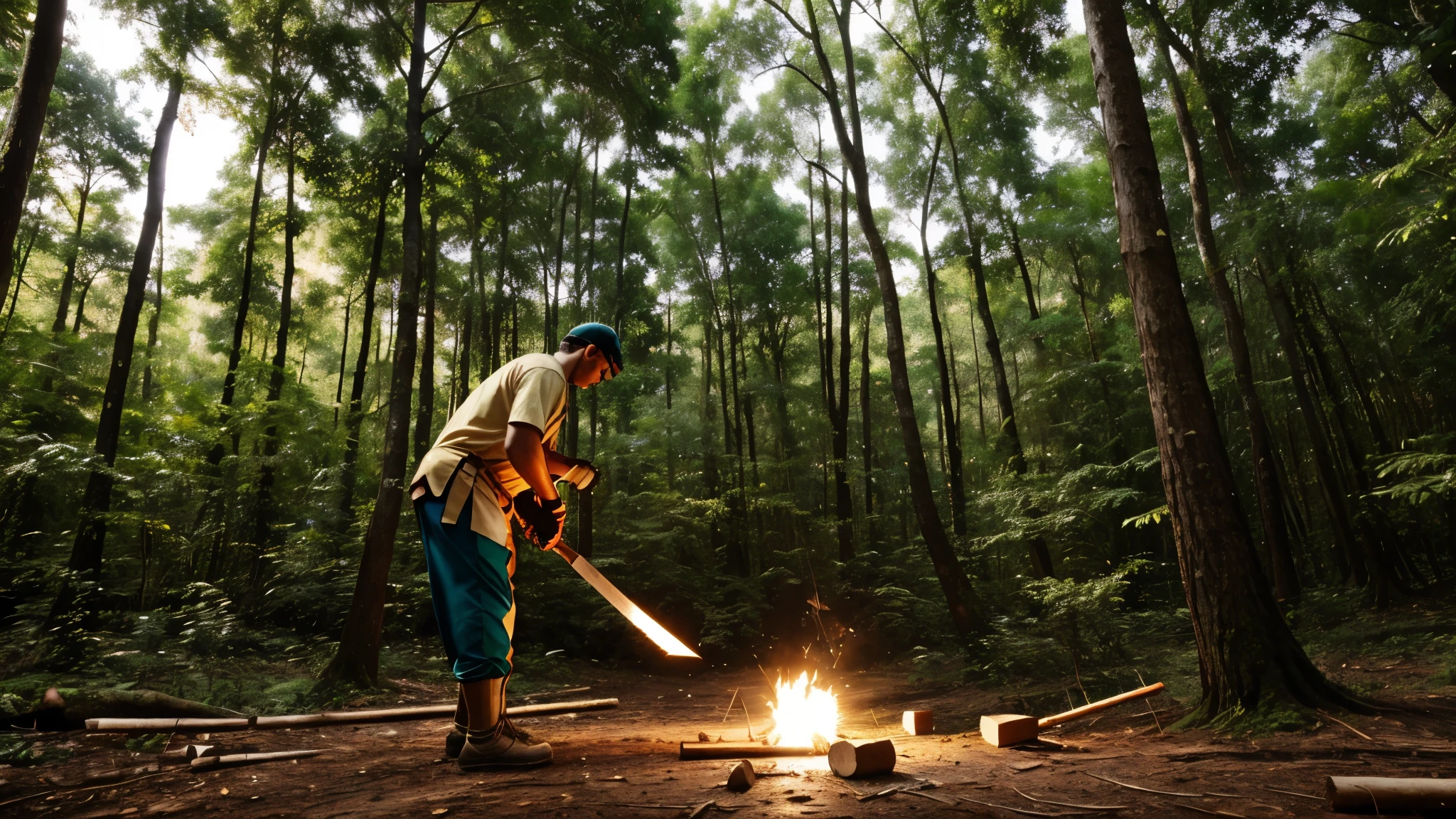 Ramu cutting wood in the forest:
Show an image of Ramu cutting wood amidst the trees in a forest