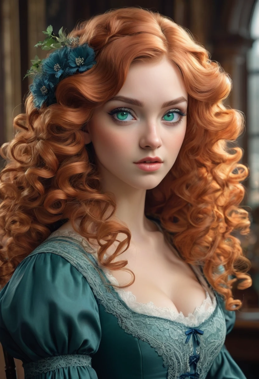 
Beautiful Dickensian woman. Innocent. But with hidden sultriness. sea-green-eyes. Navy-blue-dress. blue lace. copper colored hair that is coarse, wiry, and tightly curled. It often has a rough texture, feels stiff to the touch, and may be prone to frizz and tangling. The curls can be densely packed. . The Official Art – An Award-Winning Digital Masterpiece In 4K Ultra HD, Extreme Detail And Intricate Realism. This Concept Art Brought To Life By The Hands Of Artists Like Wlop & Artgerm In A Stunning 2D Vector Illustration. Paige Renee Spiranac. LArge, perky, full, well shaped pleasing breasts. Background is a panoramic vista.


