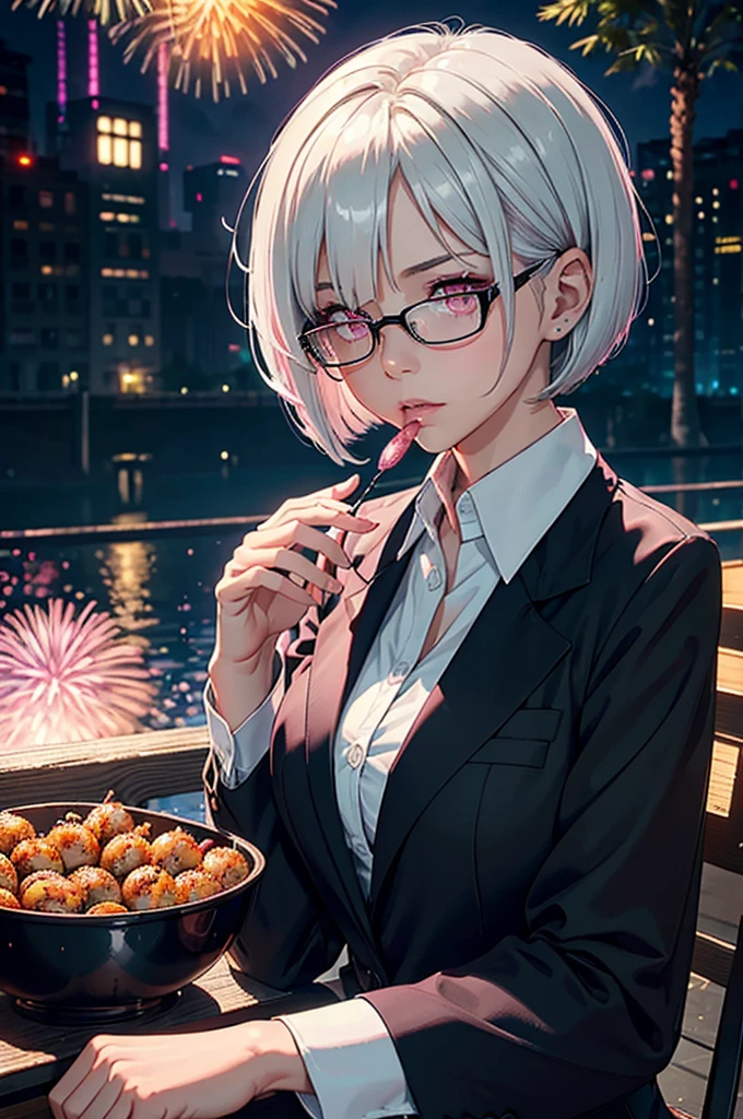 masterpiece, (((8k))), ((best quality)), ((ultra detailed)), 1girl, ((collared white shirt)), ((black business suit)), ((beautiful silver hair (glossy) (short bob cut) (straight))), ((beautiful pink eyes)), black rimmed glasses, upper body shot, (hair over one eye):2.0, Sitting on the riverbank in a dark atmosphere. blush:5.0, showing an embarrassed expression. Huge, bright, colorful fireworks illuminating the darkness. eating takoyaki