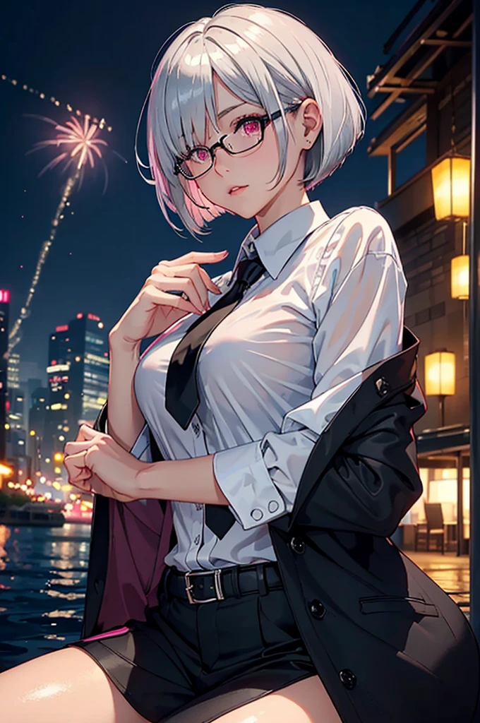 masterpiece, (((8k))), ((best quality)), ((ultra detailed)), 1girl, ((collared white shirt)), ((black business suit)), ((beautiful silver hair (glossy) (short bob cut) (straight))), ((beautiful pink eyes)), black rimmed glasses, upper body shot, (hair over one eye):2.0, Sitting on the riverbank in a dark atmosphere. blush:5.0, showing an embarrassed expression. Huge, bright, colorful fireworks illuminating the darkness. eating takoyaki