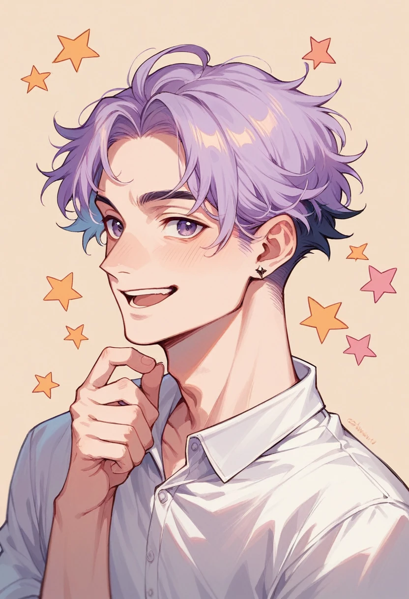 happy young charismatic man with lavender hair and a pastel moon and stars aesthetic clean shaven