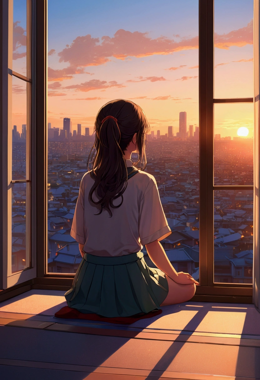 anime girl sitting on floor looking out window at city, anime aesthetic, anime vibes, Lofi Artstyle, Lo-fi portrait by the window, Watching the sunset. anime, Lofty Girl, anime art wallpaper 4 k, anime art wallpaper 4k, anime art wallpaper 8 k, anime background art, Lofi Color, Lofi Art, anime asthetic