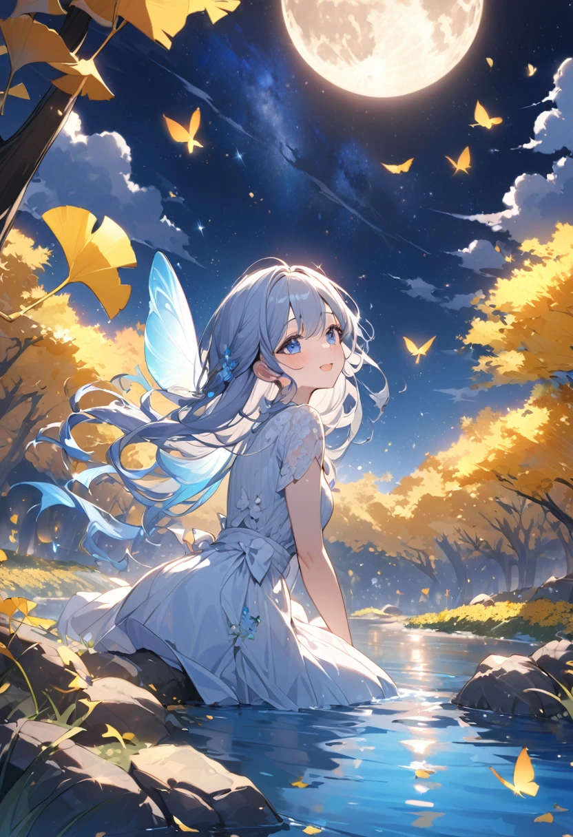 Attention to detail, Super Detail, Ultra-high resolution, Angels having fun in a dream galaxy, Full moon behind the girl, The color of the moon is light blue,The light blue moonlight pouring down on her, In the background is a single ginkgo tree with the Milky Way visible, and a beautiful river running to the right of it., Colorful butterflies flutter around her,Flower garden under the ginkgo tree,Delicate face, Add a fantastical atmosphere , 