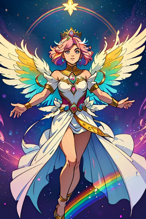 woman full body image, shorth hair, celestial rainbow powers to control the colors and star symbols of rainbow colored hair and white clothes and colored crystals on the body, a fairy, you saw that a pair of golden fairy wings and a crown of feathers clothes with lots of feathers will come