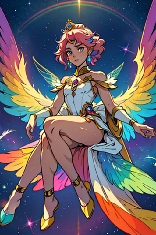 woman full body image, shorth hair, celestial rainbow powers to control the colors and star symbols of rainbow colored hair and white clothes and colored crystals on the body, a fairy, you saw that a pair of golden fairy wings and a crown of feathers clothes with lots of feathers will come