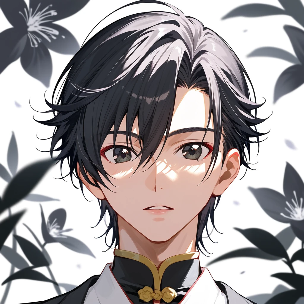 Beautiful anime portrait,Black gray monochrome,Oriental Wallpaper,pink,Feel,very anime style,1boy, male focus, lelouch vi britannia, code geass,Flowers,close up,Soft Light,Rich in details,The expression is firm,Kimono decoration,Background blur,鲜艳的颜Feel深沉,front,black eyes