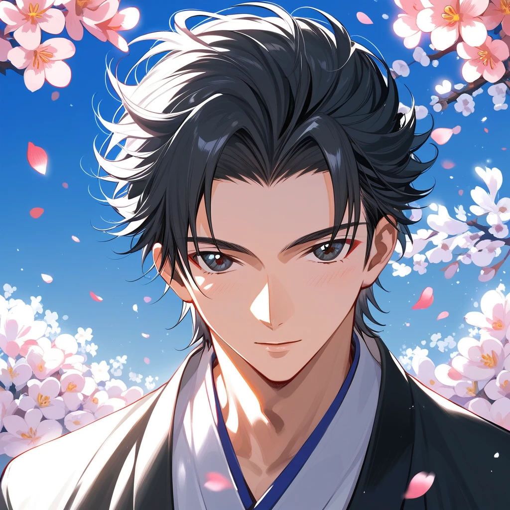Beautiful anime portrait,Black gray monochrome,Oriental Wallpaper,pink,Feel,very anime style,1boy, male focus, lelouch vi britannia, code geass,Flowers,close up,Soft Light,Rich in details,The expression is firm,Kimono decoration,Background blur,鲜艳的颜Feel深沉,front,black eyes