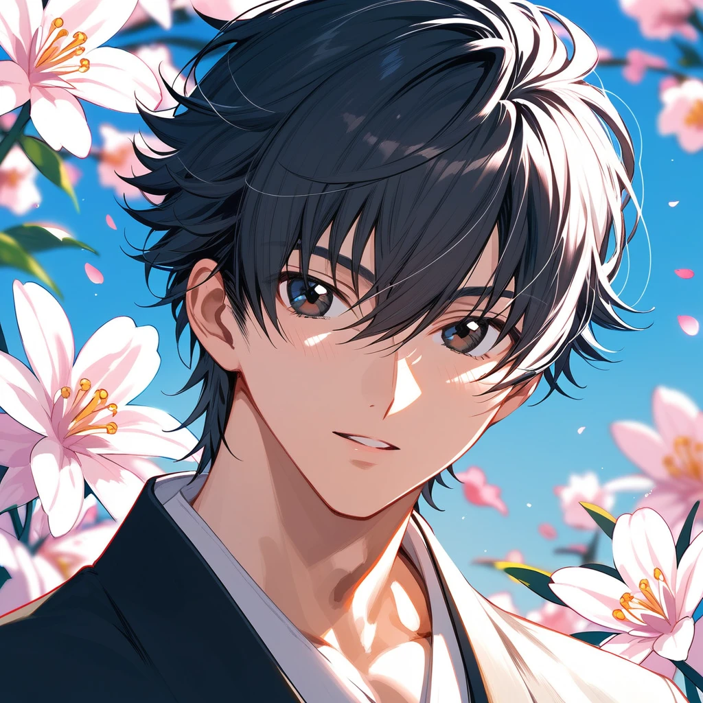Beautiful anime portrait,Black gray monochrome,Oriental Wallpaper,pink,Feel,very anime style,1boy, male focus, lelouch vi britannia, code geass,Flowers,close up,Soft Light,Rich in details,The expression is firm,Kimono decoration,Background blur,鲜艳的颜Feel深沉,front,black eyes