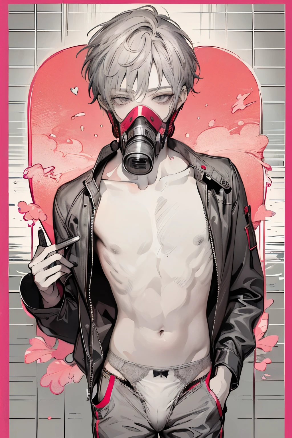 Beautiful young man, coral pink-haired, ((Gray eyes)),(short wave hair:1.2), (gas mask:1.2),((underwear、bra、lingerie:1.2)),clear wear,High quality, amount of drawing, pixiv illustration,(heart:1.2),close-up Face,red-cheek,(NSFW:1.0),((pants in hand:1.1)),(Constraints、imprisonment:1.25),(spread legs:1.0).