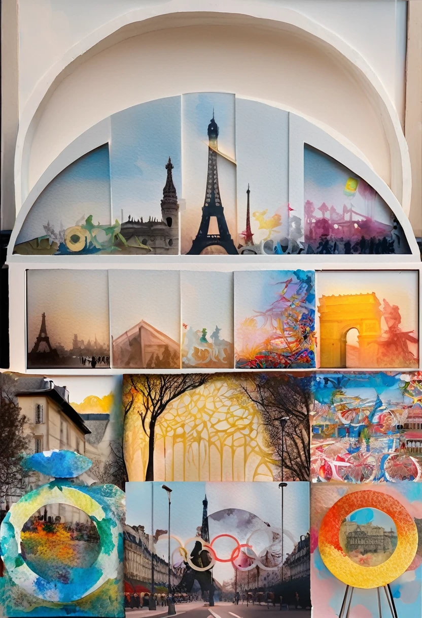 Olympic games images, ring of five, elements of Paris, France, conceptual installation pop art, 2.5D, delicate and dynamic, fusion of watercolors and oil paintings, fusion of paper cutting and shadow puppetry, foggy filter effects, contrast magic effects