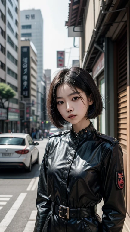20 year old Korean woman, short straight black hair punk style, body skinny, thin face, wearing black military clothes, on the streets of Seoul, best qualityer, 8k, professional photograpy.