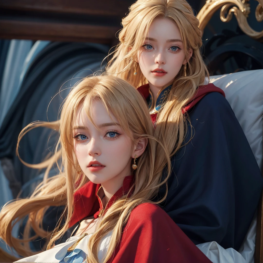 (masterpiece: 1.2, best quality), realistic, (real picture, complex details, depth of field), best quality, masterpiece, high detail, semi-realistic, 1 girl, adult woman, 21 years old, with short golden hair, eyes covered with hair on the left, blue eyes, royal clothes, red cloak, slim figure