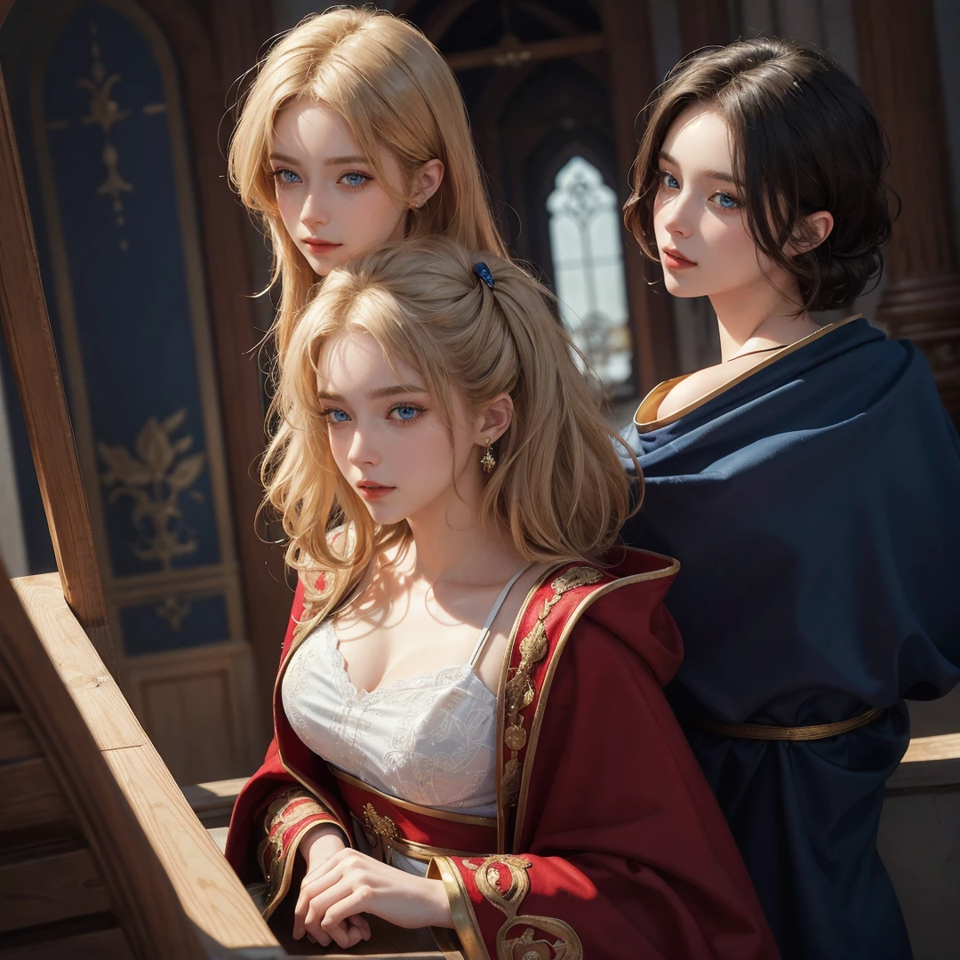 (masterpiece: 1.2, best quality), realistic, (real picture, complex details, depth of field), best quality, masterpiece, high detail, semi-realistic, 1 girl, adult woman, 21 years old, with short golden hair, eyes covered with hair on the left, blue eyes, royal clothes, red cloak, slim figure