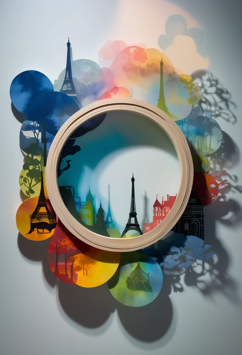 Olympic games images, ring of five, elements of Paris, France, conceptual installation pop art, 2.5D, delicate and dynamic, fusion of watercolors and oil paintings, fusion of paper cutting and shadow puppetry, foggy filter effects, contrast magic effects
