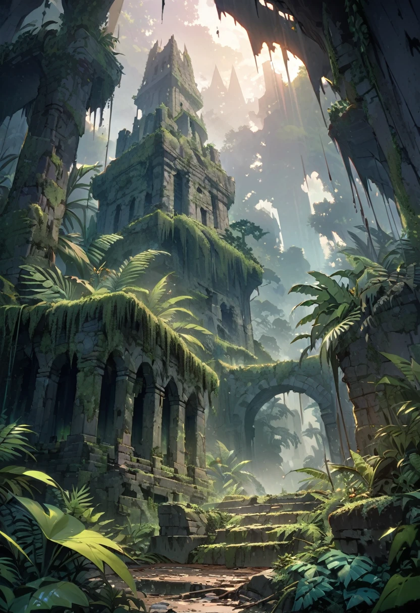 masterpiece, best quality, ultra detailed, ruined stone tower covered in moss and ivy, ruins, teal banner, jungle, tropical plants, sand, ferns, fog, dusk, sunlight filtering through the fog and branches
