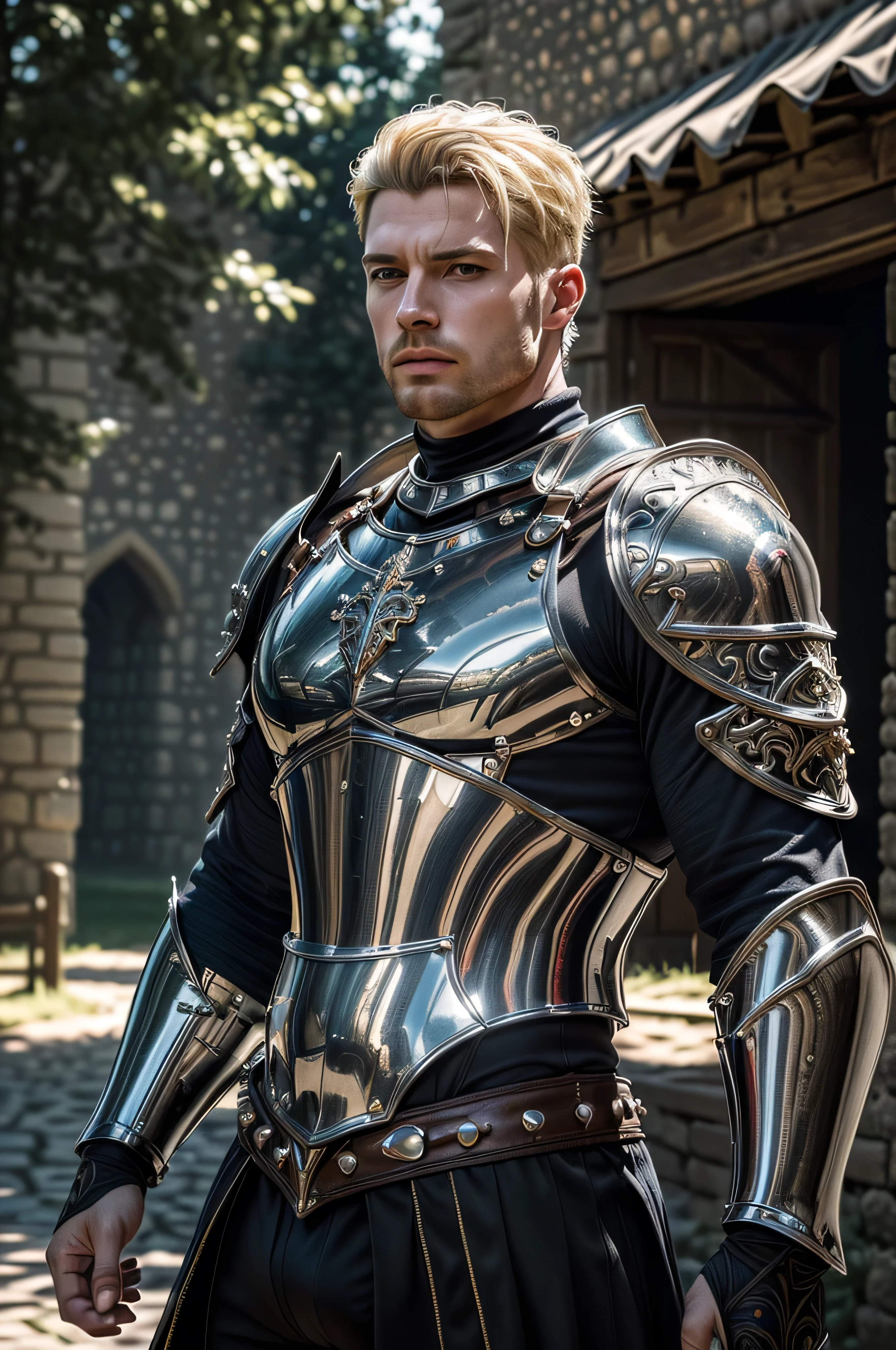 (masterpiece, photorealistic:1.4, extremely intricate:1.3), (photon mapping, radiosity, physically based rendering, ultra resolution, hyper-realistic, photorealistic:1.4, hyper-realistic, 8K), muscular man, ((black chrome late renaissance armor:1.4, chrome rivets (torso photograph, showing off his bulge)), metal reflections, outdoors, medieval battlefield, intense sunlight, far away castle, moat, (shaved blonde hair, dynamic pose), sharp focus, dramatic, award winning, cinematic lighting, (film grain, bokeh, interaction)