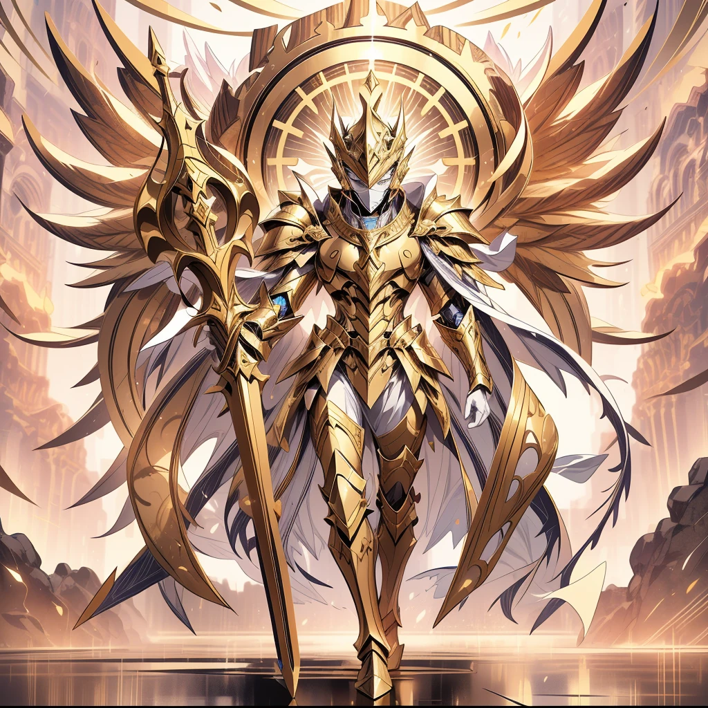 1boy, full face helmet,archangel, divine wings, god, sacred armor, golden king, royal armor,legendary divine weapon, beautiful clothes, (masterpiece, best quality),