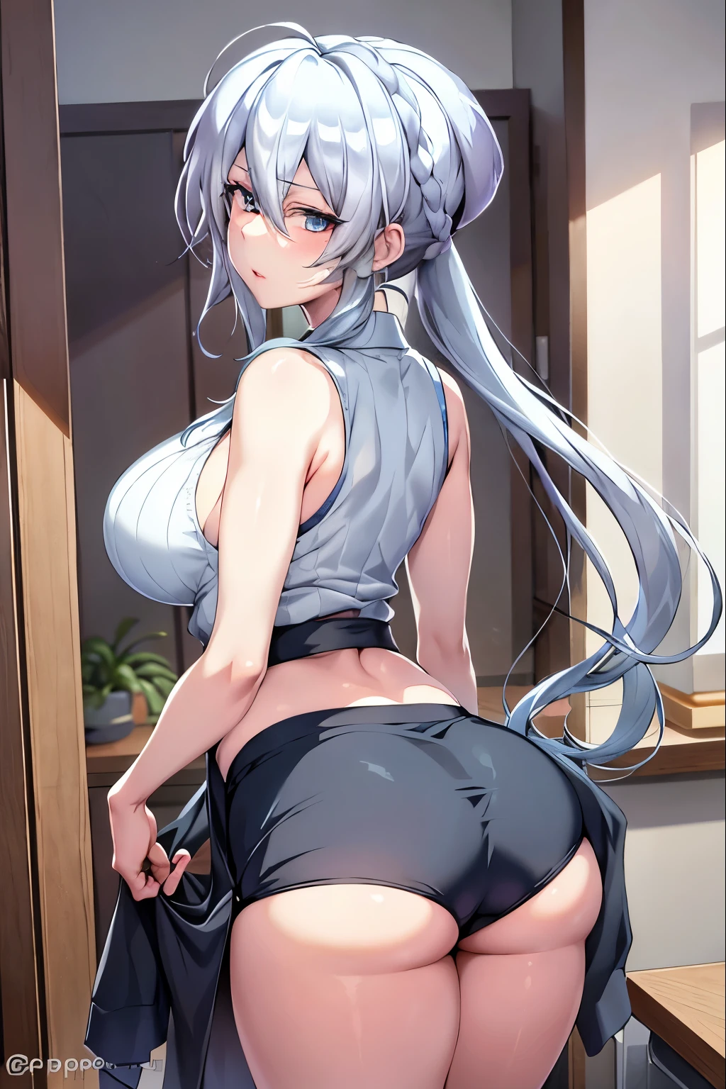 masterpiece, ultra-detailed hair, better lights, better shadows,1girl, yukino, ???????, skirt, silver hair, solo, long hair, ?????????????, blue eyes, braid, ???, looking at viewer, braided ponytail, hair ornament, sleeveless, hair flower, black skirt, shirt, indoors, flower, looking back, bangs, ???? shoulders, pencil skirt, ???????????, window, thighs, mole under eye, sleeveless shirt, mole, white shirt, blush, ???? arms, office lady, very long hair, plant, contemporary, parted lips, miniskirt, single braid, closed mouth, purple flower, pantylines, ribbed shirt,