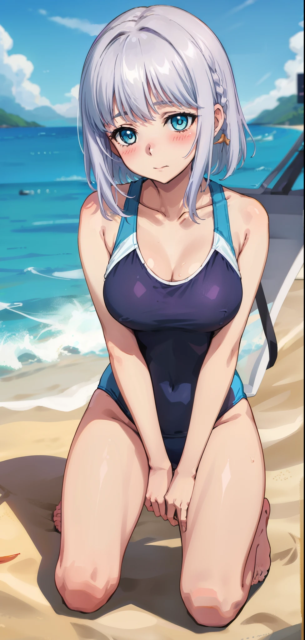 1 girl, kanon kanase, , blush, medium , sleeveless,((swimsuit, beach)),kneeling