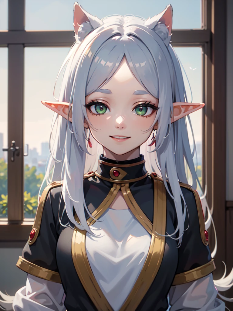 ((best quality)), ((masterpiece)), (detailed), perfect face. Asian girl. Silver hair. Green eyes. Elf ears. Smile.