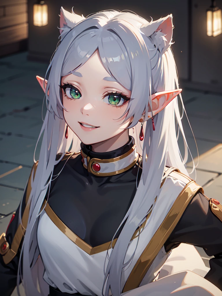 ((best quality)), ((masterpiece)), (detailed), perfect face. Asian girl. Silver hair. Green eyes. Elf ears. Smile.
