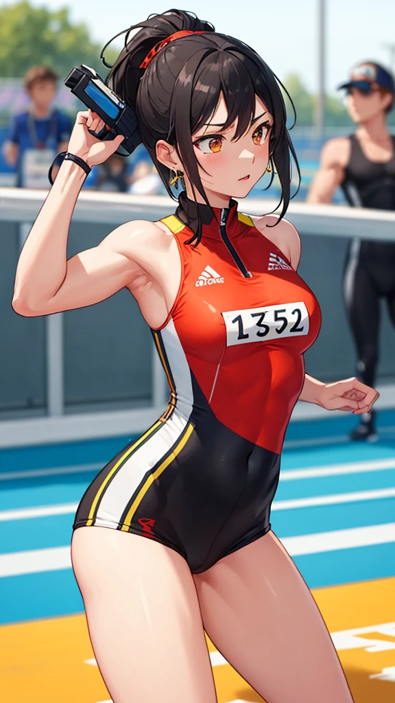 score_9, score_8_up, score_7_up,

(masterpiece:1.2),(best quality:1.2),earrings, jewelry, female focus, sharp focus, newest, ultra-detailed, 1girl, side view, black hair, orange eyes, 

a female athlete, possibly a sprinter, in the moments before a race at the Olympic Games. She is positioned at the starting blocks on a track,ready to run.
 . Her muscles are taut, ready to explode into action as soon as the starting gun fires. She is dressed in a sleek, aerodynamic uniform,,Goth girl, Goth girl 1girl