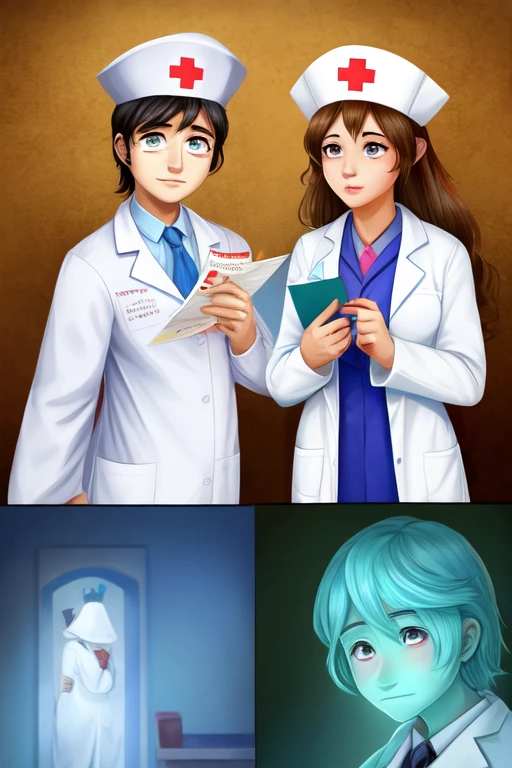 Can you please make a picture of this?: of a doctor with a love letter On the right side, a young ghost nurse (sad) and on the left side a doctor of more or less (serious).