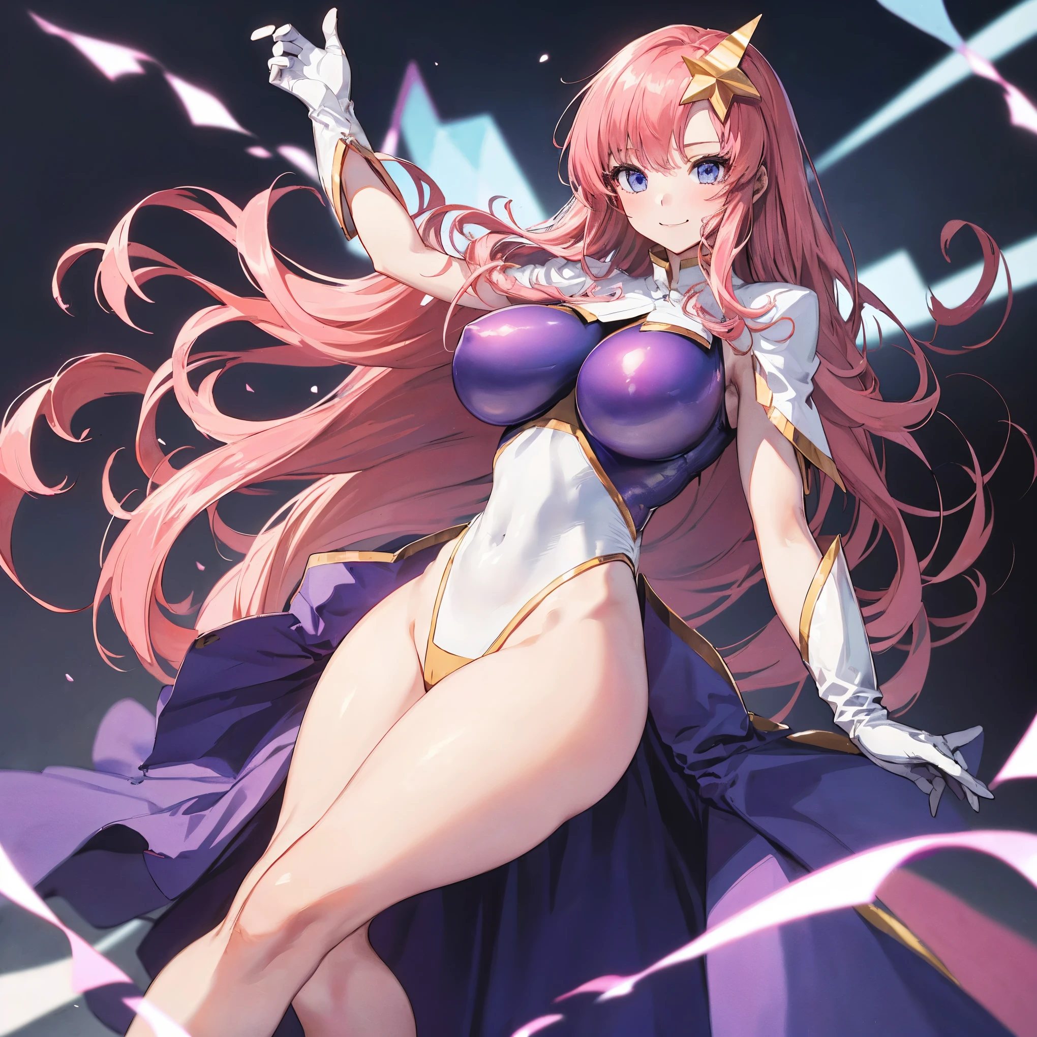 (masterpiece)、(Highest image quality)、(Super detailed)、(extremely detailed)、4K、(8K)、Highest image quality、(beautiful)、
more campbell, 1 _girl, star hair ornaments, hair ornaments, pink hair, long hair, gloves, Leotard Purple leotard, white leotard, leotard that bites、(gigantic_tits:1.2)、thick thighs、,light smile、dynamic pose、gravure、dynamic angle、noise removal、emphasis on crotch、chest enhancement,open_legs