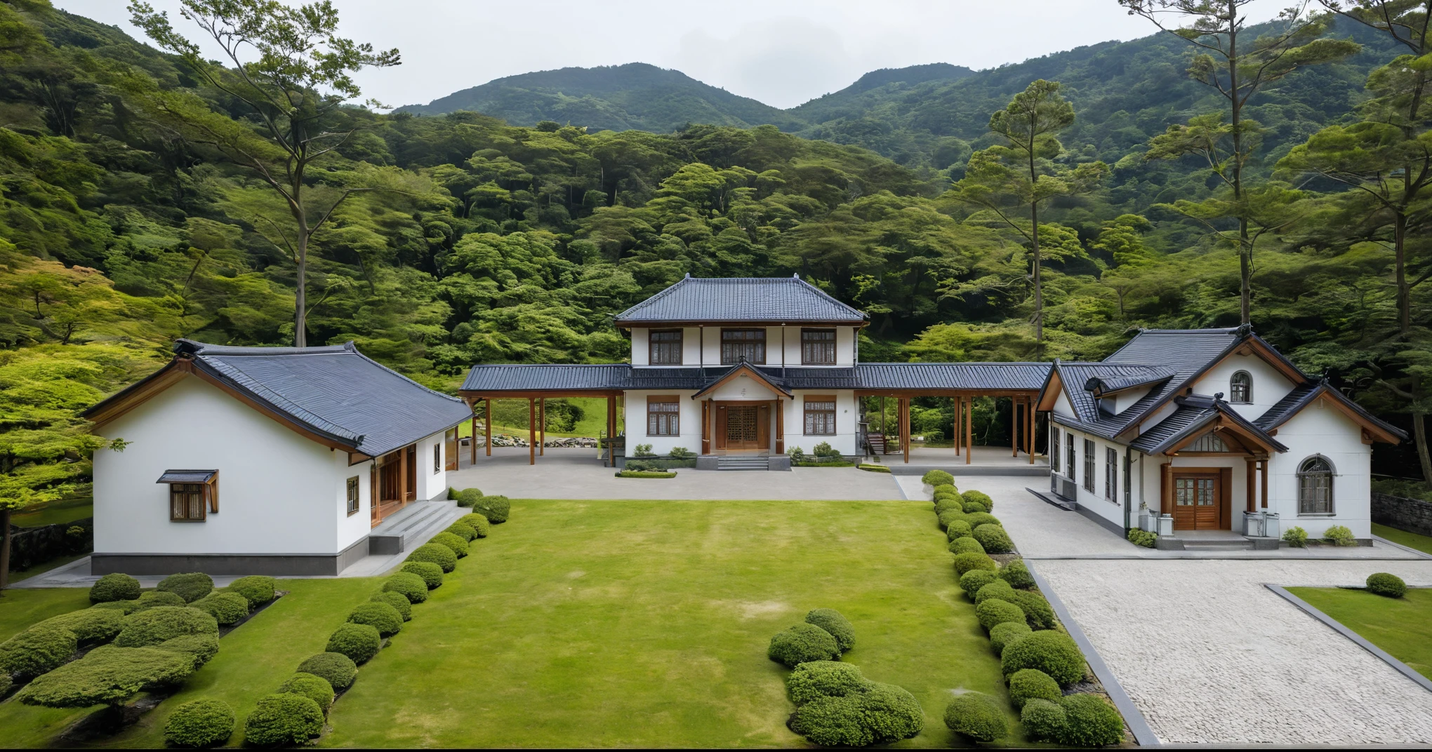 A modern two-story house with a Japanese-style roof, white walls, and a spacious garden. The house has large windows and a minimalist design, surrounded by lush greenery and well-maintained landscaping. The garden includes a mix of plants, flowers, and a small stone pathway leading to the entrance. The overall aesthetic is sleek and contemporary, blending traditional Japanese elements with modern architecture.