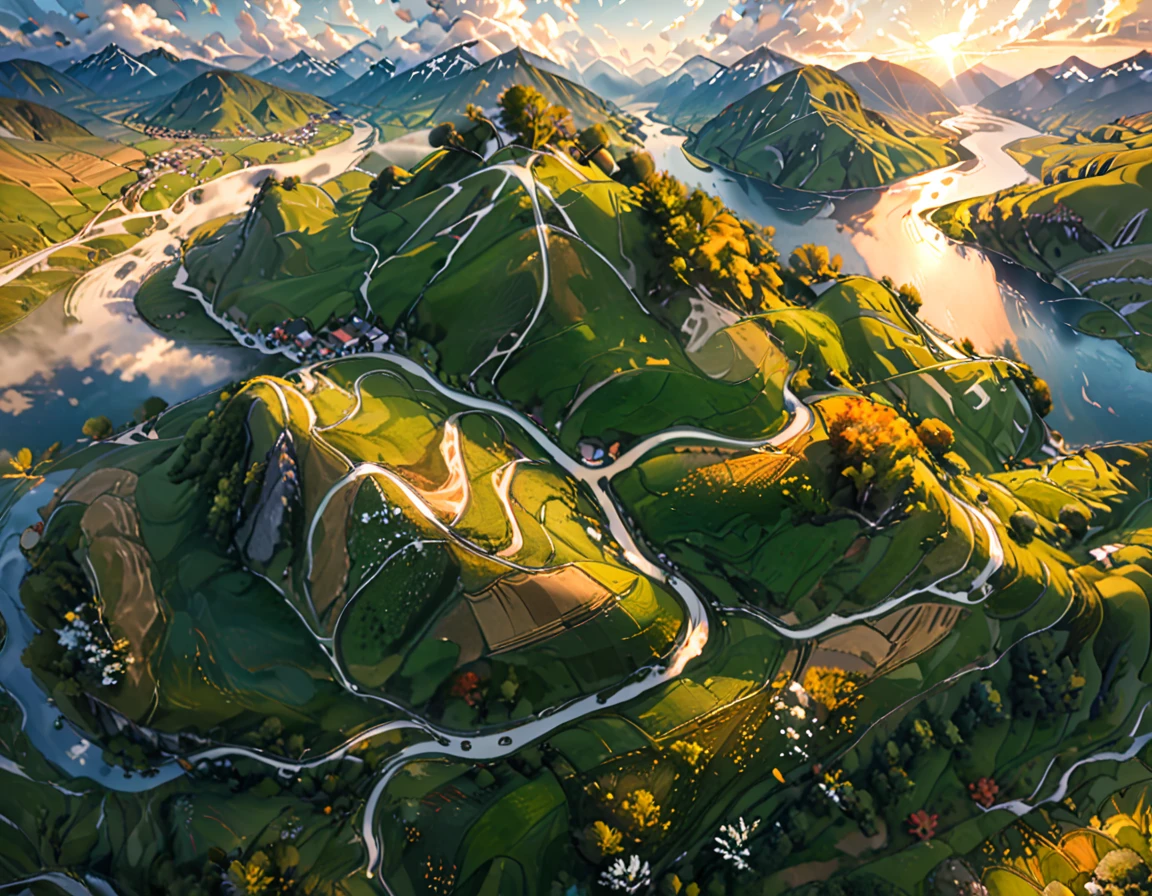 Bird's-eye view flying 200 meters above the ground, looking down at (right angles:1.2) onto the fields below, beautiful landscape, aerial photography, rolling hills, lush meadows, countryside, meandering river, snow-capped mountains, dramatic clouds, golden hour lighting, cinematic composition, stunning vistas, breathtaking scenery, serene atmosphere, peaceful countryside, (highest quality, 4k, 8k, high resolution, masterpiece: 1.2), ultra-detailed, (realistic, photorealistic, photorealistic: 1.37), landscape photography, vibrant colors, natural light