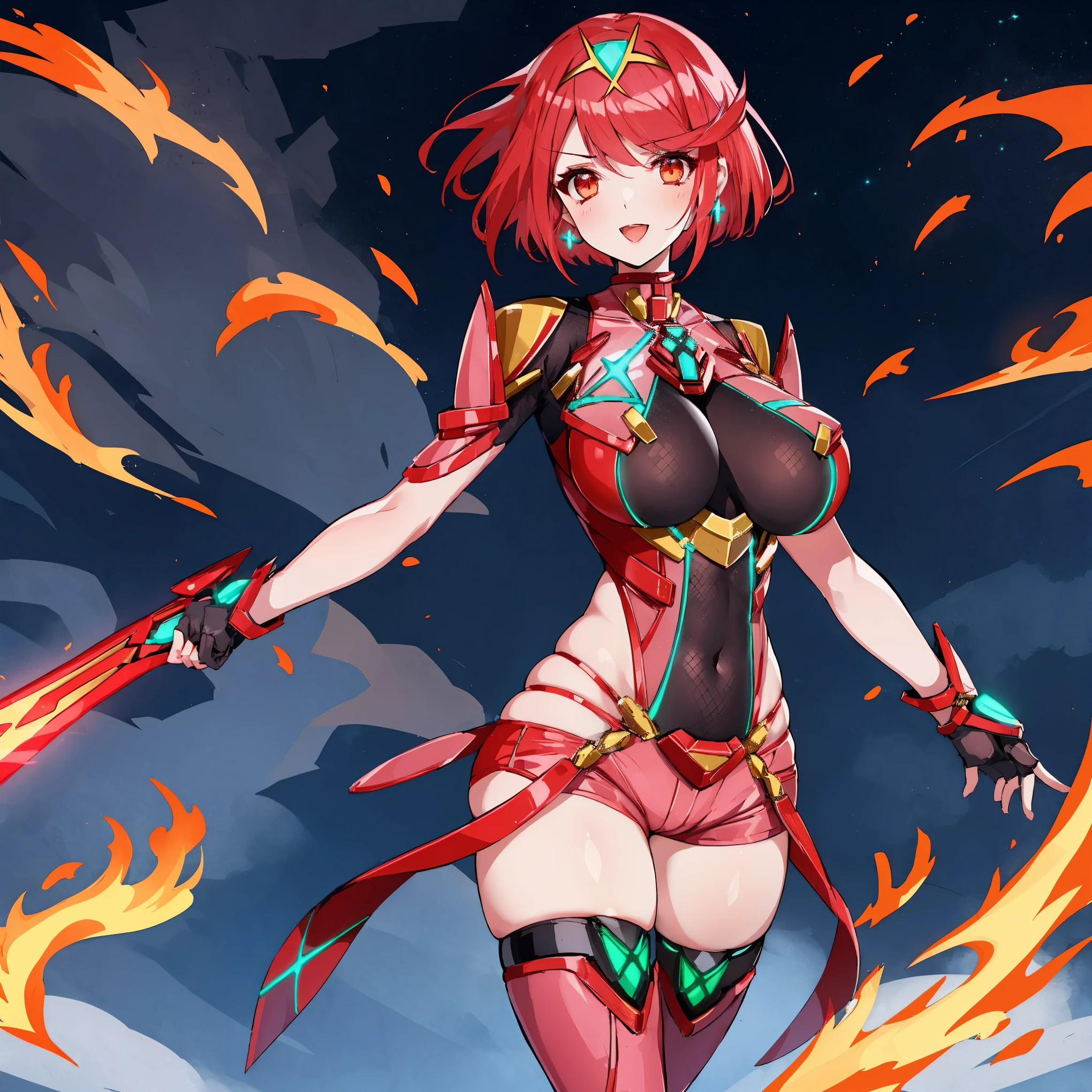 pyra \(xenoblade\), young_teen_1girl, armor, bangs, black gloves, breasts, red eyes, closed mouth, earrings, eyelashes, fingerless gloves, floating hair, framed breasts, gem, gloves, hair ornament, headpiece, jewelry, big_breasts, leaning back, leotard, neon trim, official art, pose, red hair, red shorts, saitou masatsugu, short hair, short shorts, short sleeves, shorts, sidelocks, skin tight, solo, standing, swept bangs, thighhighs, tiara, night_prairie_background, turtleneck, underbust, vambraces, xenoblade chronicles \(series\), (xenoblade chronicles 2), apart_legs, fire_effect,dynamic_pose_fighting,light_smile, (plump:1.1), big_ass,huge_sword, hold_large_sword_hilt, solo, covered_nipples, covered_pussy,open_mouth,back_view,