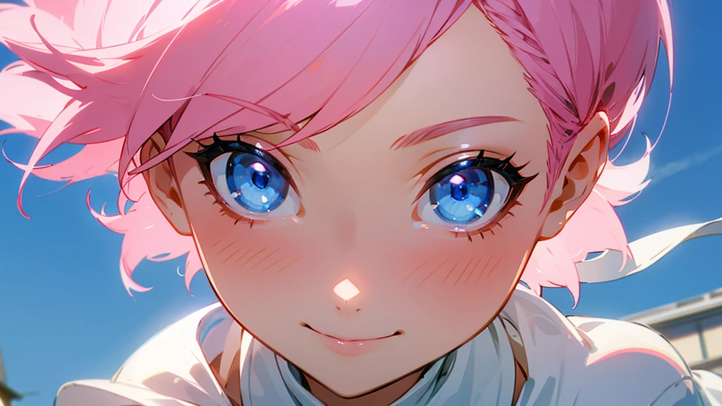 Pink hair shorthair、Blue Eyes、smile、Beautiful woman looking at the town　White dress　Close-up of face