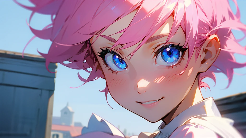 Pink hair shorthair、Blue Eyes、smile、Beautiful woman looking at the town White dress Close-up of face