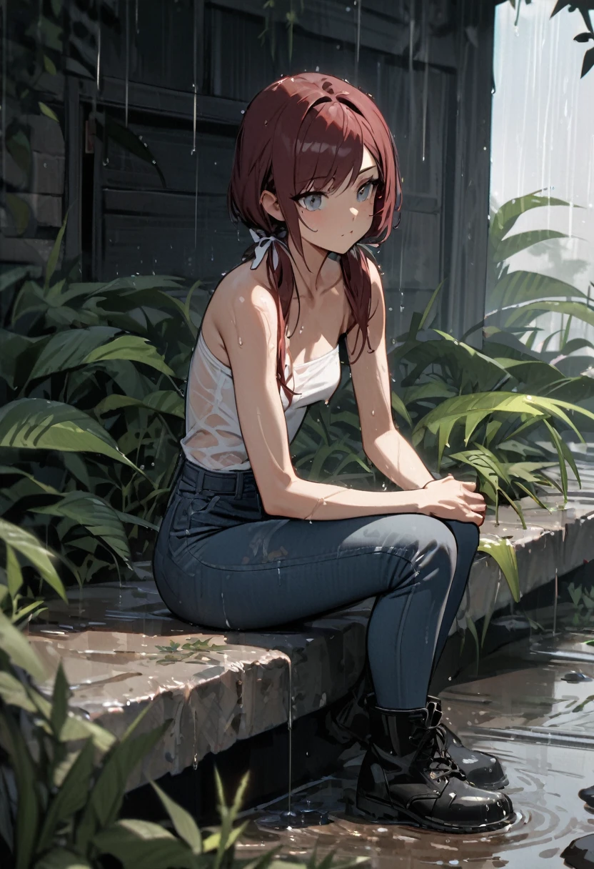 (masterpiece, best quality), 1 girl, solo, stoic, , beautiful face, Gray eyes, Dark red hair, swept bangs, low twin tails, white ribbons, white strapless shirt, jeans, black combat boots, small breasts, toned arms, curtains, window, wet clothes, wet skin, wind up, sitting under stone pier, weeds, ferns, puddles, rain, HD 8k, masterpiece