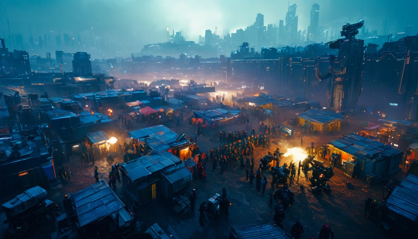 Humans versus robots,With a weapon in his hand,Big scene,A lot of humans, On the left is the human camp,The right side is the camp,Cityscape as background, light, Very detailed, 8K, Reality, 工作室light, Intricate details, Dynamic poses, Shiny metallic texture, Luminescence repulsion effect, Atmospheric fog, Vibrant colors, Dramatic shadows, Volumetric Lighting